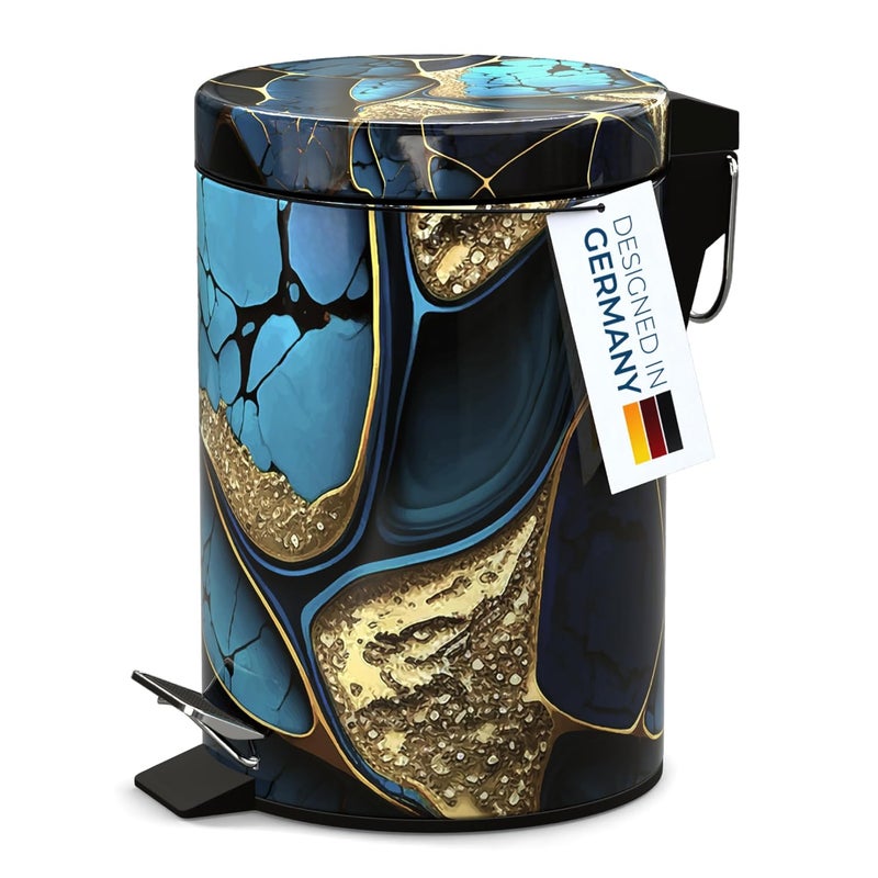Sanilo Small Bathroom Trash Can with Lid [1.3 Gallon] - Lidded Tiny Trashcan for Garbage - Mini Metal Bin with Soft Closing Mechanism - Bath Room Accessoire Wastebin with Inner Bucket (Marble Cobalt) - Image 2